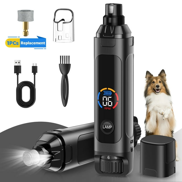 LAKWAR Dog Nail Grinder,6-Speed Pet Nail Grinder W/Light Quiet Rechargeable Electric Dog Nail Clippers Painless Paws Grooming & Smoothing Tool for Large Medium Small Dogs(Gray)