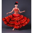 thumbnail image 3 of Falda flamenca española para niñas, disfraz de bailarina del vientre gitana, rojo, 360 grados, 140-150CM, 3 of 5