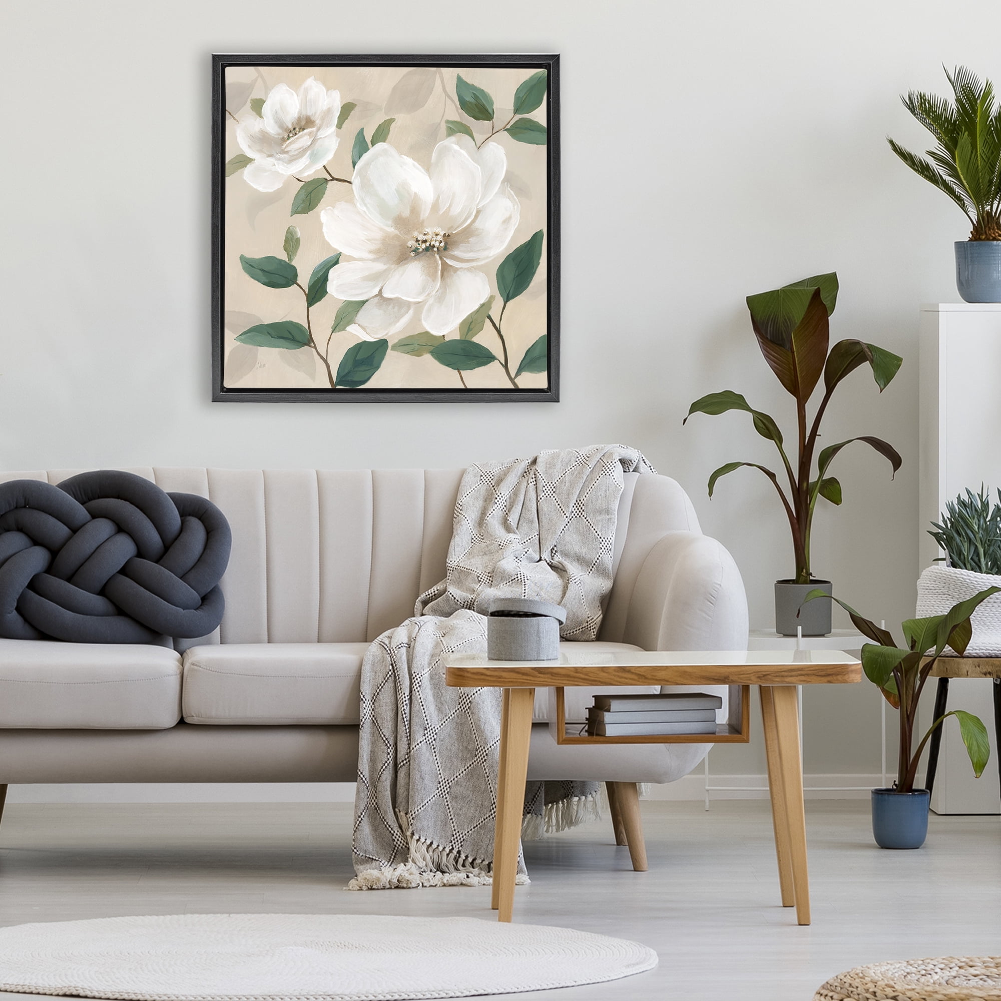 Stupell Industries Serene White Blossom with Leaves Black Framed Floater Canvas Wall Art, design by Nan