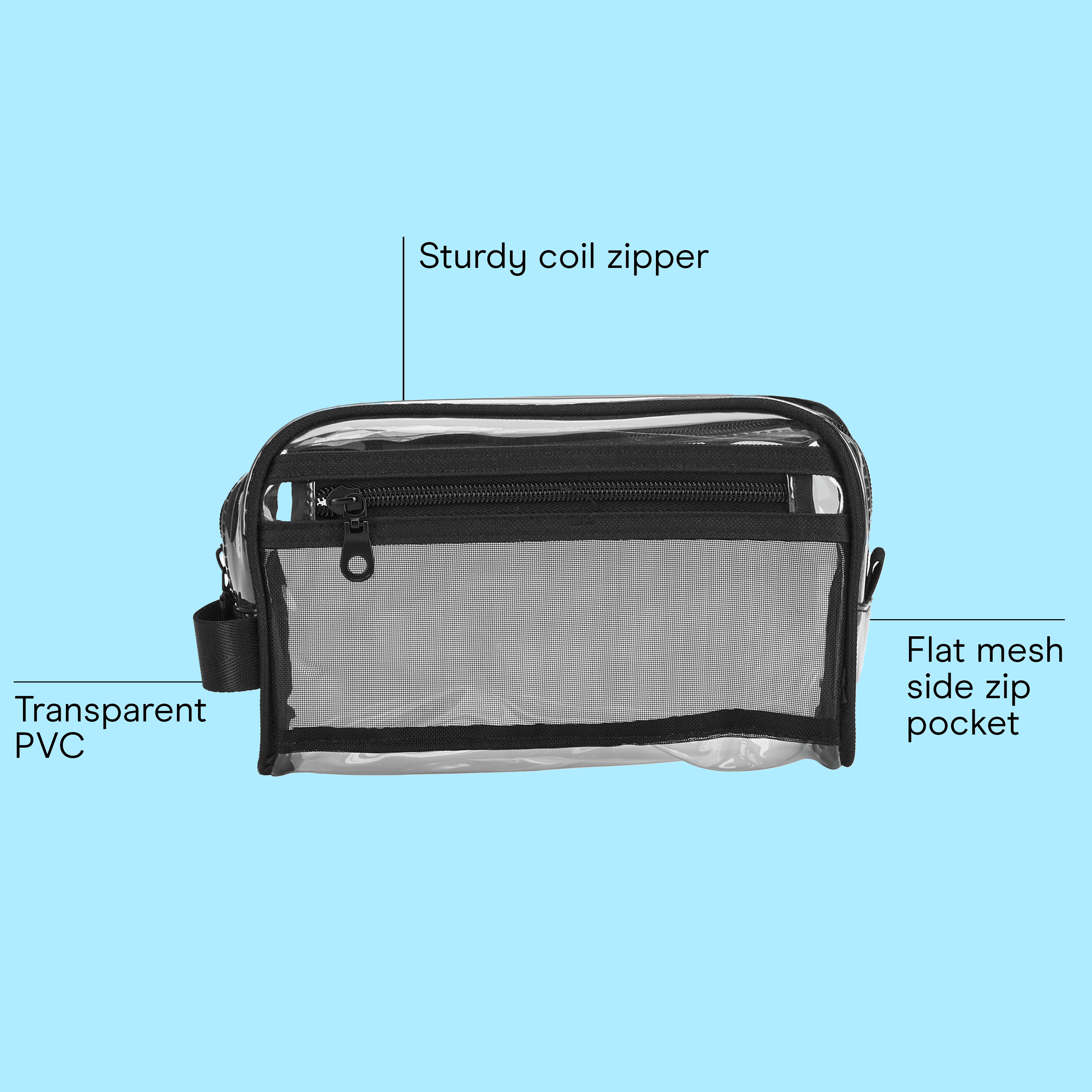 Conair Basics Clear Travel Organizer Bag with Side Pocket and Handle, Black