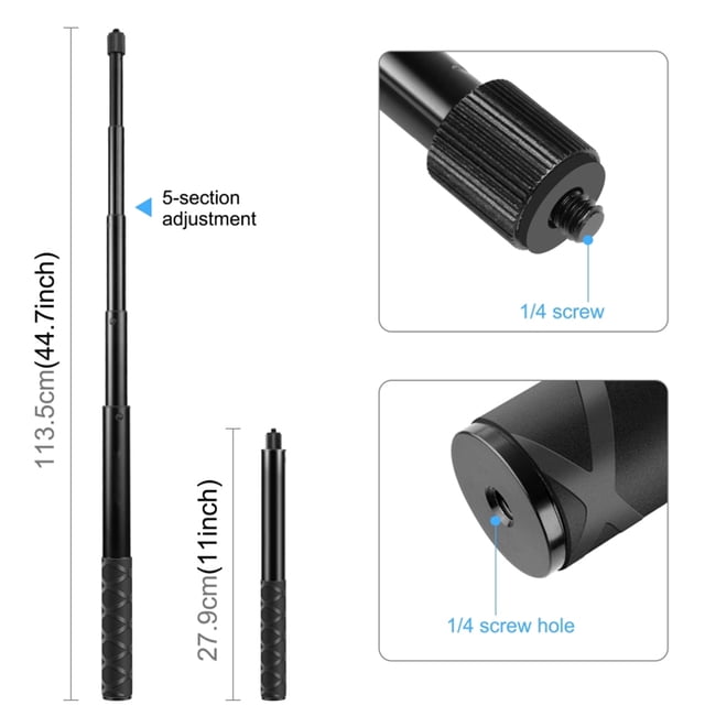 Stick PU817 Motorcycle Bike Selfie Stick Handlebar Mount Camera Bracket 27.9cm-113.5cm Adjustable Length with 1/4 Inch Screw & Sports Camera Mount Adapter Replacement for
