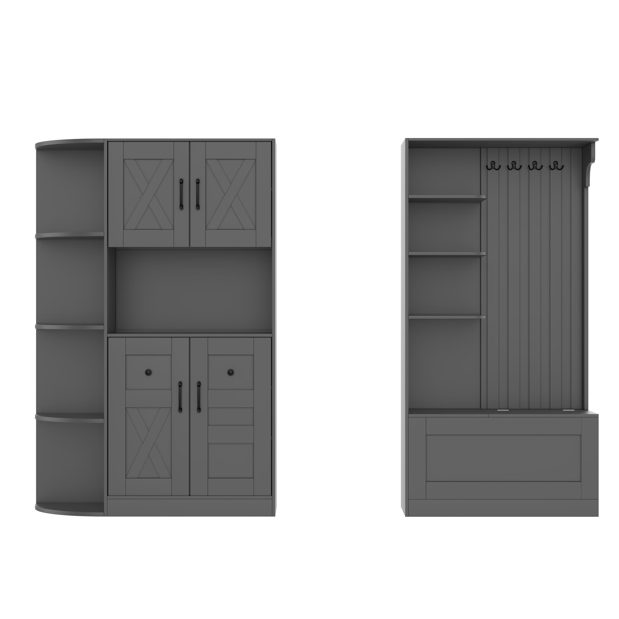 T-Foyer Farmhouse Black Detachable Hall Tree with 4 Hooks & Bench, Wooden Rustic Entryway Organizer with Open Storage & 2 Cabinets
