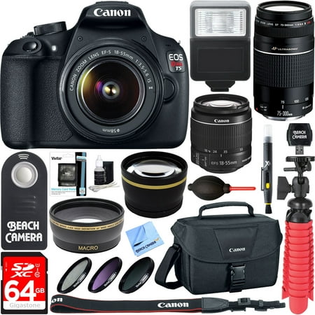 Canon T5 EOS Rebel DSLR Camera w/ EF-S 18-55mm & 75-300mm IS II Lens Kit + Accessory Bundle 64GB SDXC Memory + SLR Photo Bag + Wide Angle Lens + 2x Telephoto Lens + Flash + Remote + Tripod & More