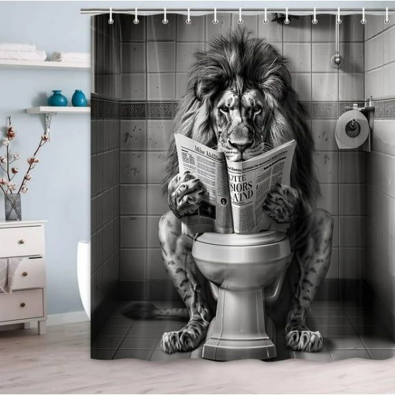 Funny Cool Lion Shower Curtain, Fancy Leo Wild Masculine Animal Humor Leo Animal on Toilet Shower Curtains Set, African American Grey and White Mens Shower Curtains Bathroom with Hooks, 72X78in