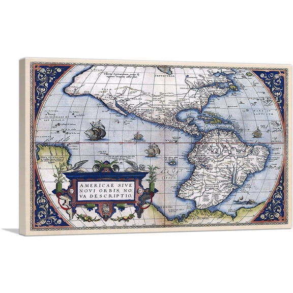 ARTCANVAS Map of America - New World 1570 Canvas Art Print by Abraham Ortelius - Size: 40" x 26" (0.75" Deep)
