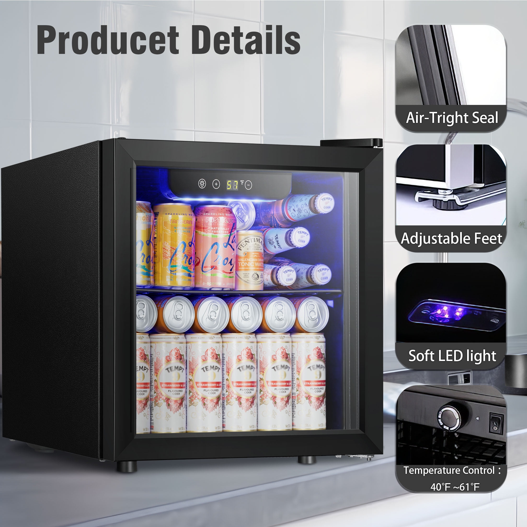 Electactic 1.3 Cu.Ft Beverage Refrigerator, 12 Bottle & 48 Can Mini Beverage Refrigerator, Mini Fridge with Glass Door for Home/Bar/Office
