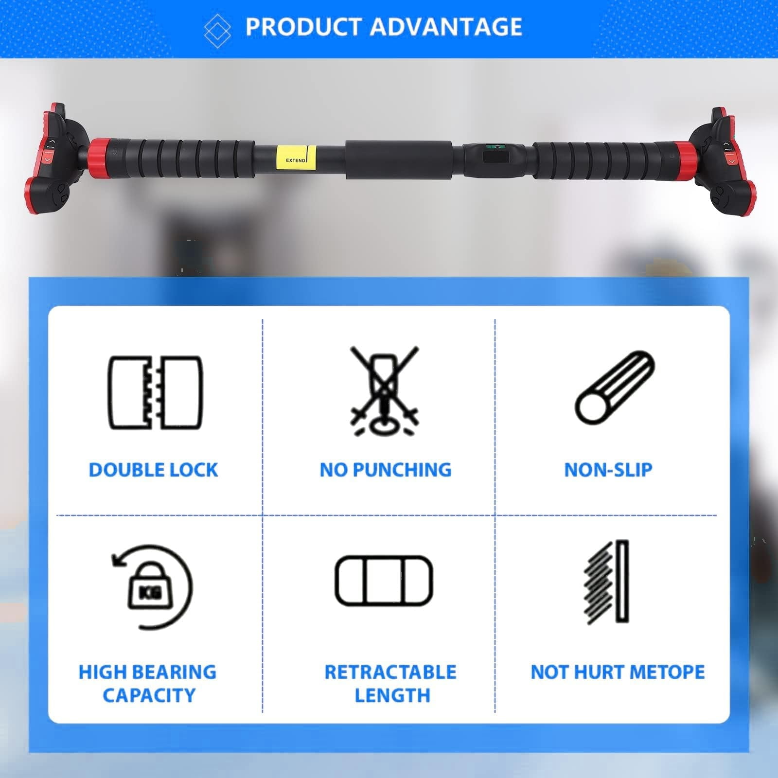 Wisykoke Doorway Pull Up Bar Adjustable Chin Up Bar for Home Gym, 440 LBS Max Load, with Level Meter & Anti-Slip Design for Strength Training, No Screws