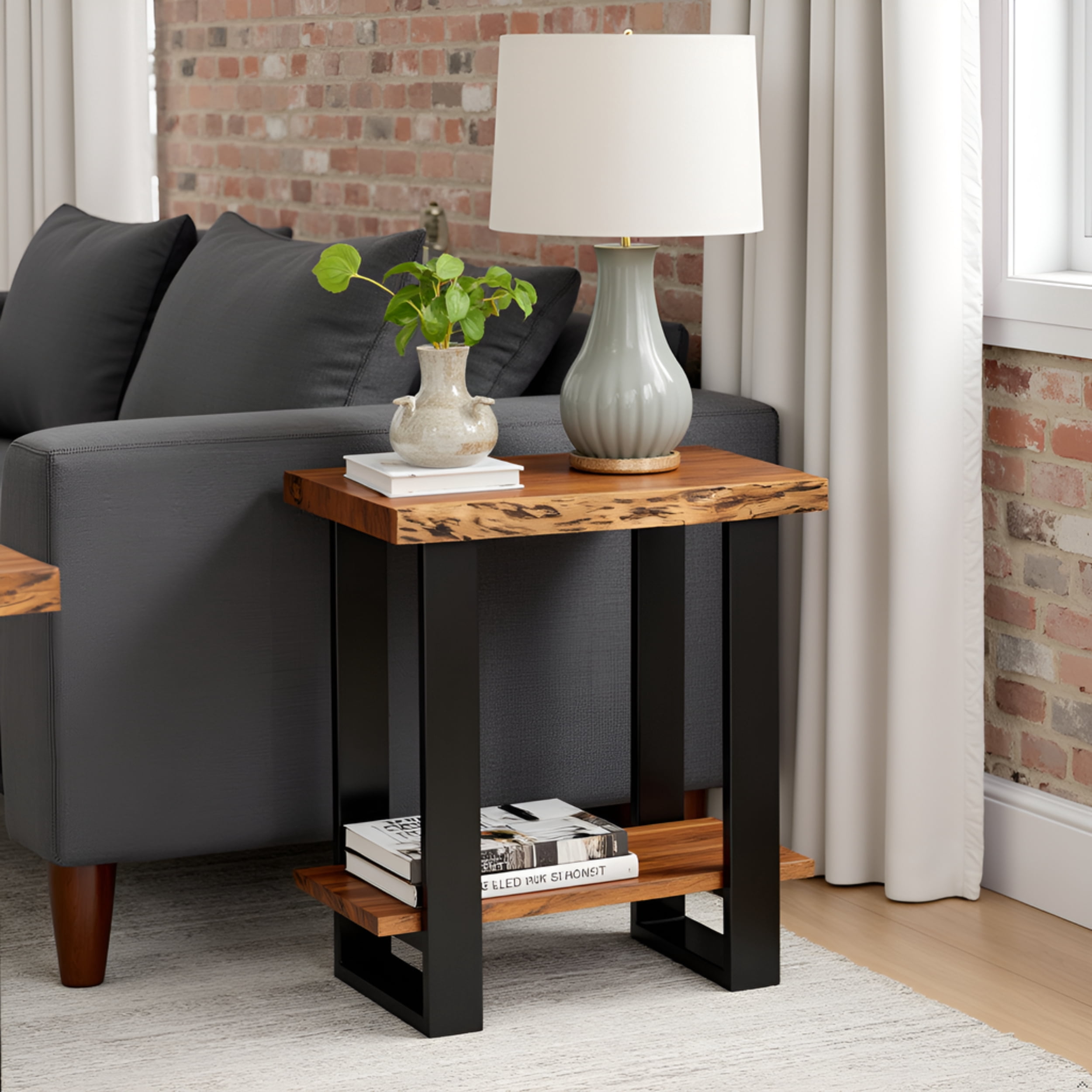 Alpine Natural Live Edge Acacia Wood End Table, Industrial Side Table with Storage Shelf, Modern Nightstand or Living Room Furniture