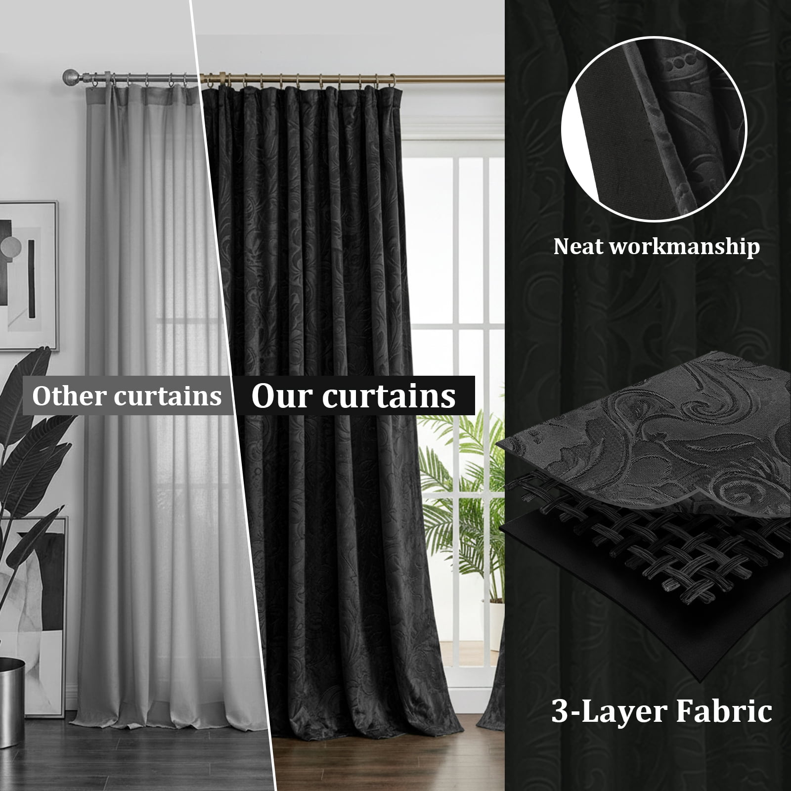 Lapalife Blackout Velvet Curtains, Scroll Floral Pattern Rod Pocket Thermal Insulated Velvet Curtain Drapes for Living Room, 2 Panels, 52"x 96", Black