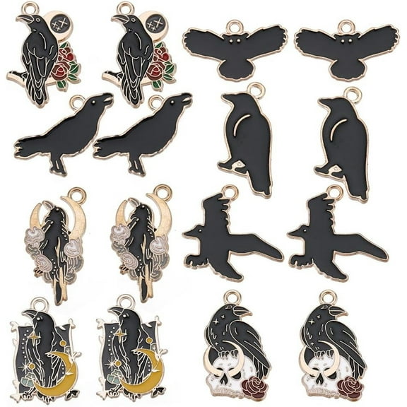 32PCS 8 STYLES Raven Charms Bulk Crow Charm Gothic Black Bird Enamel Alloy Metal Moon Rose Goth Charms Bulk for Jewelry Making Charms Earrings Necklace Bracelets Diy Crafts Mixed Color