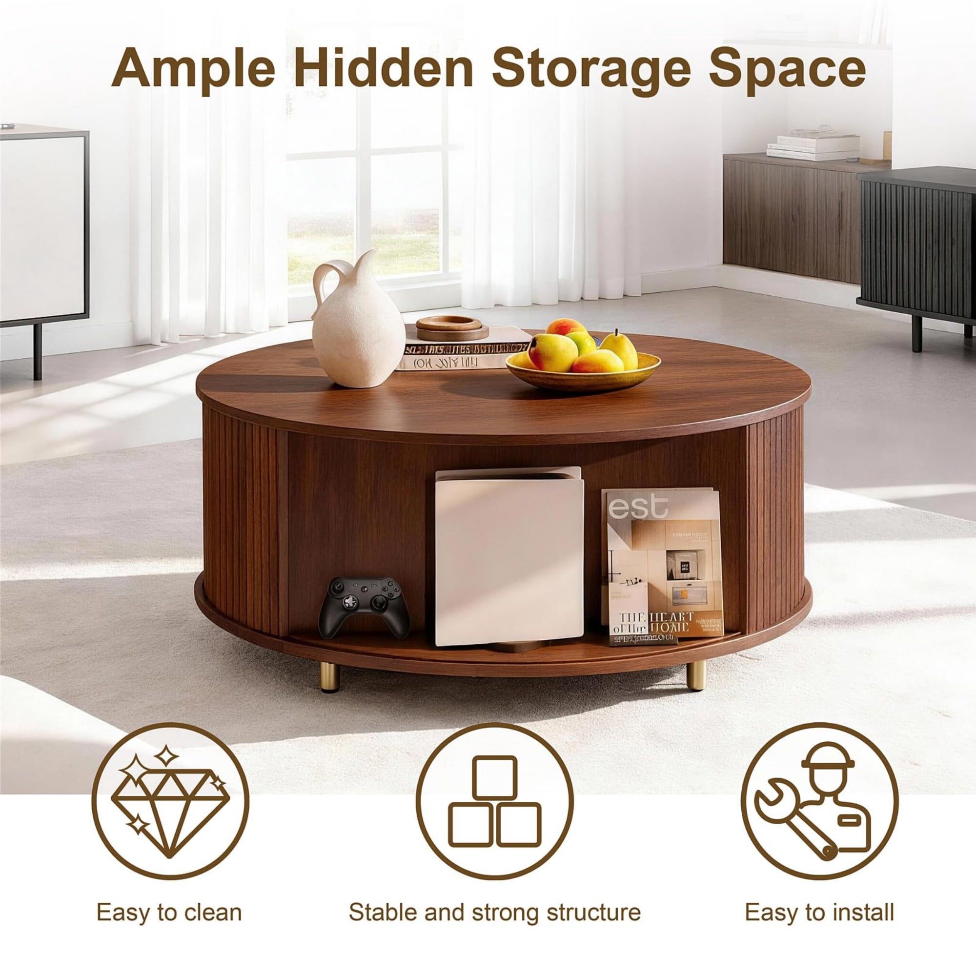 31.5" Round Coffee Table, Mid Century Modern Fluted Coffee Table with 360° Sliding Tambour Door & Storage, Walnut