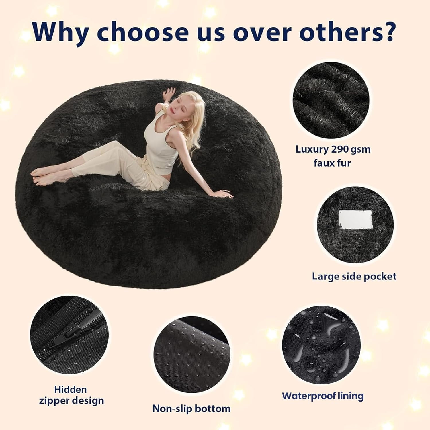 Bean Bag Cover (No Filler), Faux Fur Comfy Bean Bag Covers for Adults, Washable Beanbag Chair Cover, Fluffy Plush Giant Bean Bags Chairs Covers for Teens Kids Girls, Anti-Slip, 5FT, Black