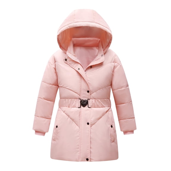 Lanbubble Girls Winter Coat Quilted Puffer Jacket with Detachable Hood Heart Buckle Waist Belt for 7-14 Years