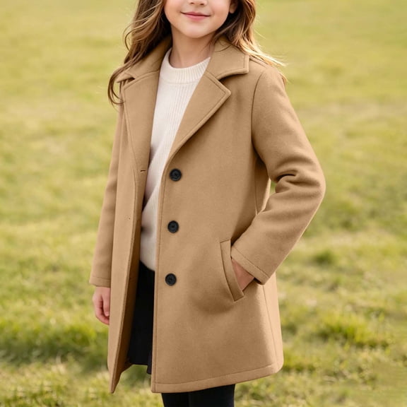 Lutiedan Girls Dress Coat Single Breasted Wool Blend Pea Coat Lapel Collar Fall Winter Coat with Pockets Size 5-15,Brown