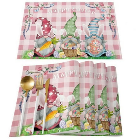 

Easter Gnome Placemats Set of 4 Colorful Rabbits Eggs Wood Texture Stain Resistant Table Mats Washable Placemat Decoration for Kitchen Farmhouse Table 13 x19