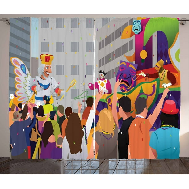 New Orleans Curtains 2 Panels Set, People in Mardi Gras Festival