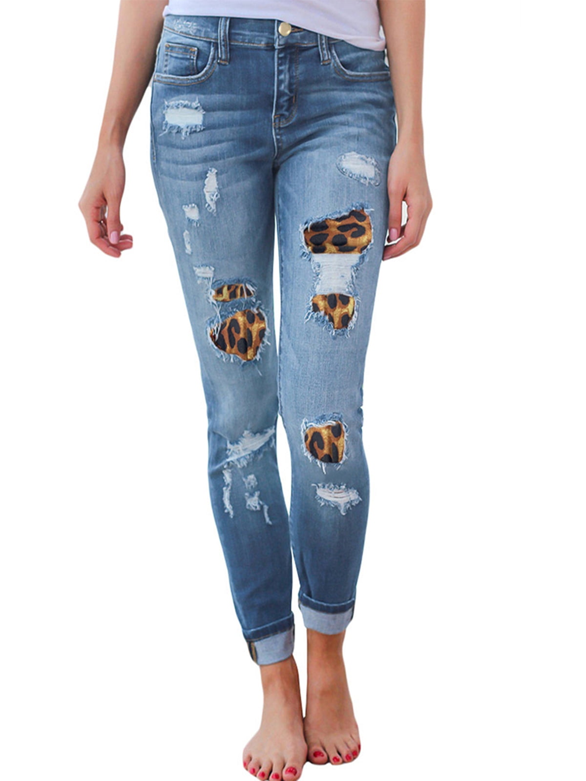 jeans with leopard patches