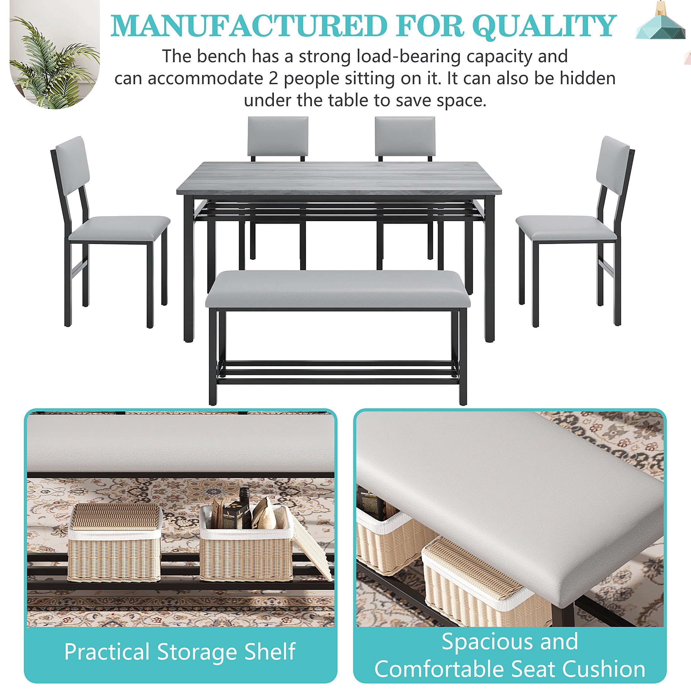 PORKISS Dining Table Set for 6, 6-Piece Dining Room Set with Wooden Table Top, PU Leather Upholstery Chairs and Bench, Kitchen Table and Chairs Set with Metal Frame Storage, Dinette Sets, Gray+Black