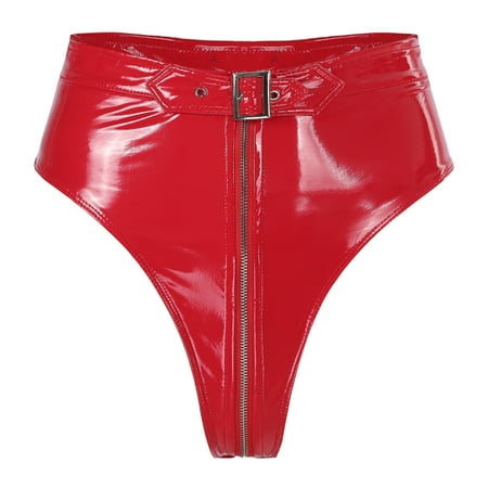 TiaoBug Womens Wet Look Patent Leather Booty Shorts Zipper High Cut Briefs Lingerie Underwear Red L