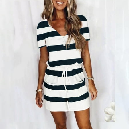 

Yuwegr Jumpsuits For Women Loose Casual Stretchy Summer Dressy Striped Print Rompers Short Sleeve Jumpsuit Bodysuit White L
