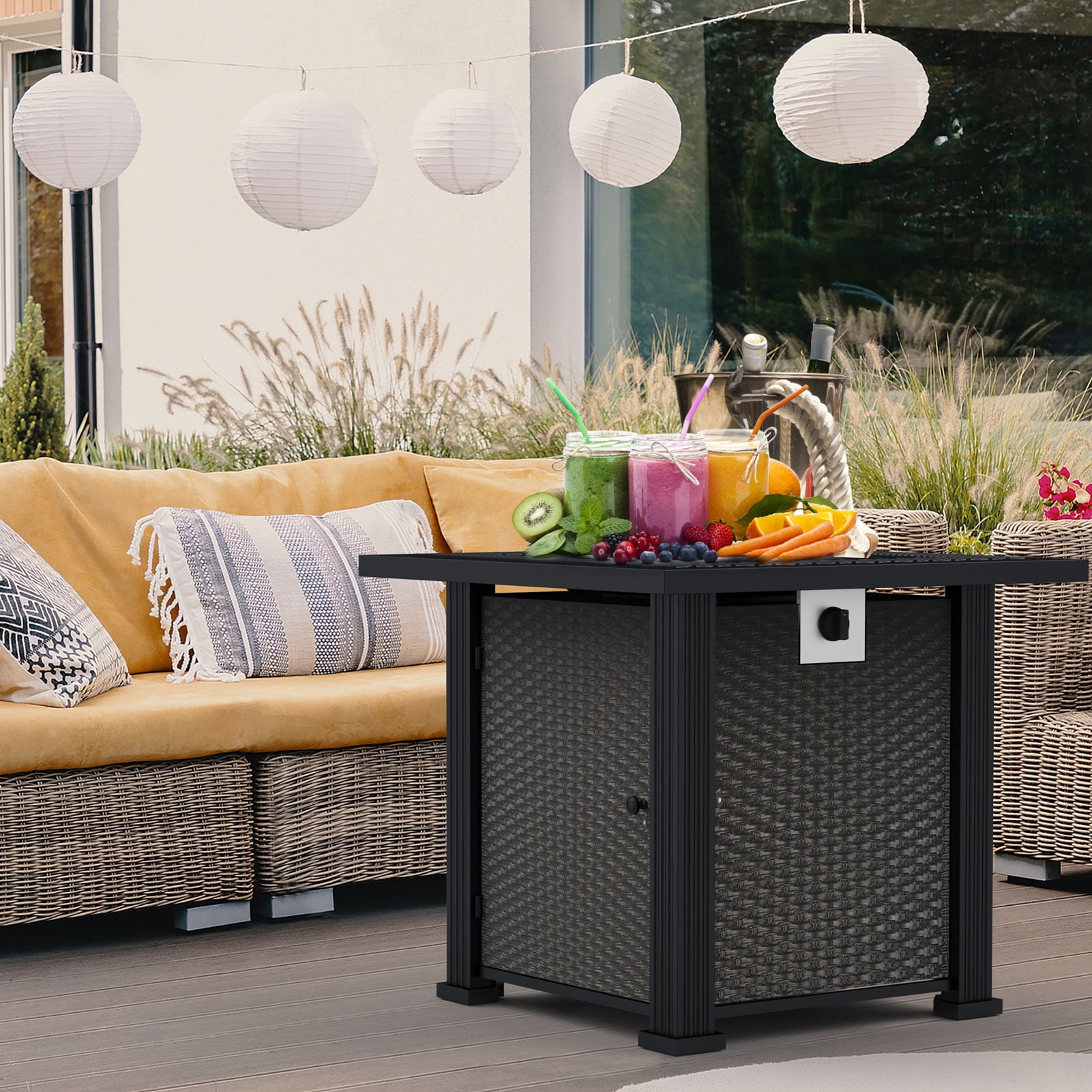 DOMQGA 28" Propane Fire Pit Table, 2-in-1 Square 50,000 BTU Propane Gas Fire Pit Table with Lid and Lava Rock,for Outside Patio Yard Party Garden and Lawn