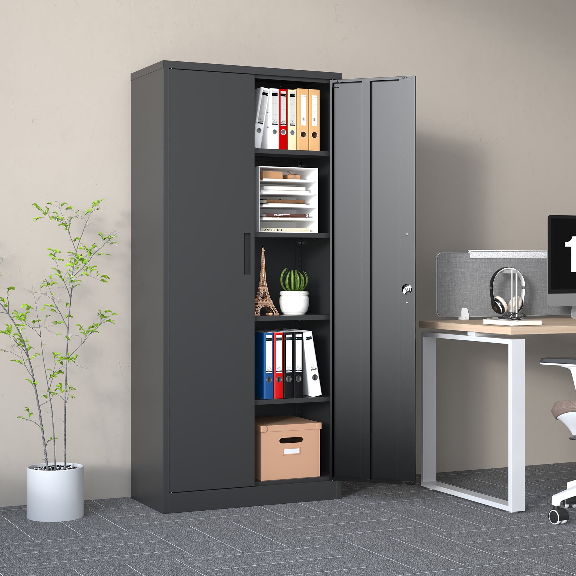 Metal Garage Storage Cabinet, Black Tool Steel Locking Cabinet with Doors and 3 Shelves