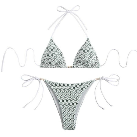 ZQGJB Women s 2 Piece Triangle Bathing Suit Halter Top Tie Side Thong Bikini Sexy Push up Padded Swimwear Swimsuits(Green M)