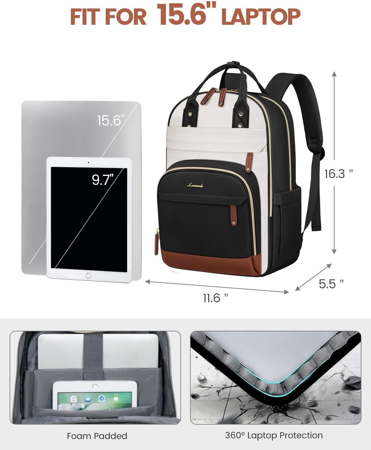 Lovevook Women's USB Charging Port Nylon 15.6" Laptop Backpack, Black-Beige