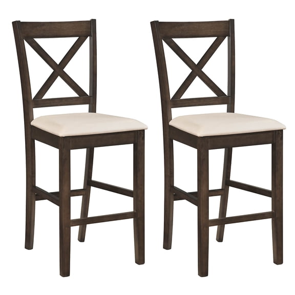 Costway Rubber Wood X-Back Bar Stools Set of 2 with Upholstered Cushioned Seats & Footrests Dark Brown and Cream
