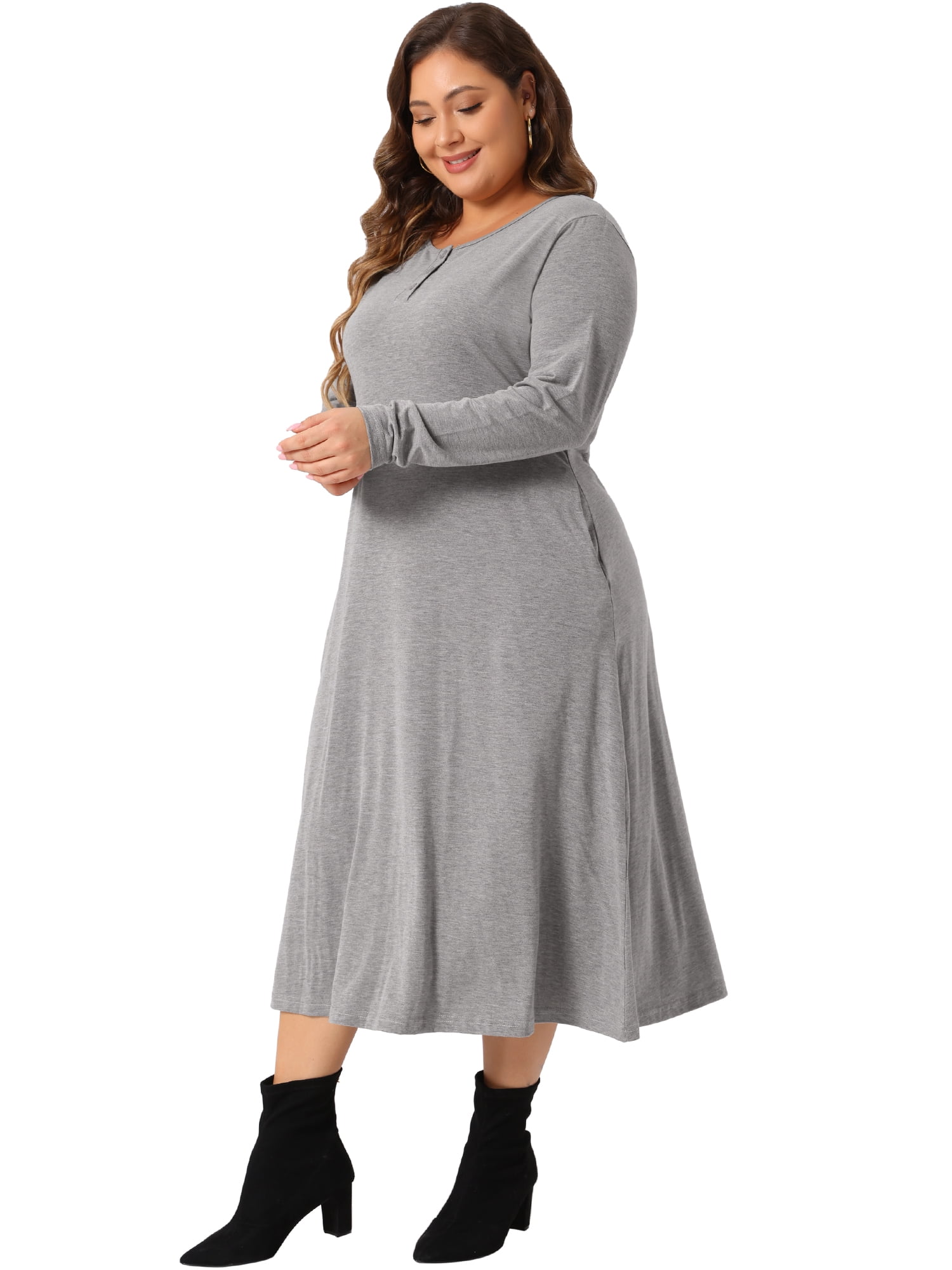DARING DIVA Plus Size T-Shirt Crew Neck Button Long Sleeve Dress 3X Gray