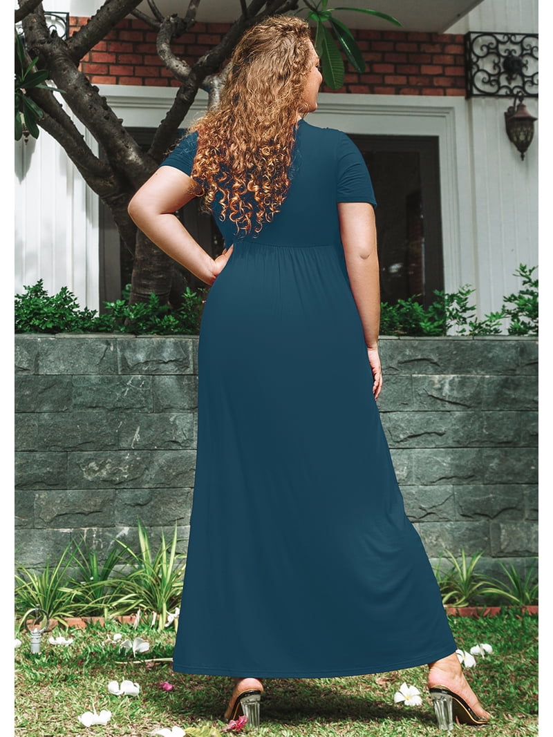 1x maxi dress SHOWMALL Women's Plus Size Vacation Maxi Dress, Lake Blue 1X Beach Sundress with Pockets Short Sleeve Flowy Casual Outfits