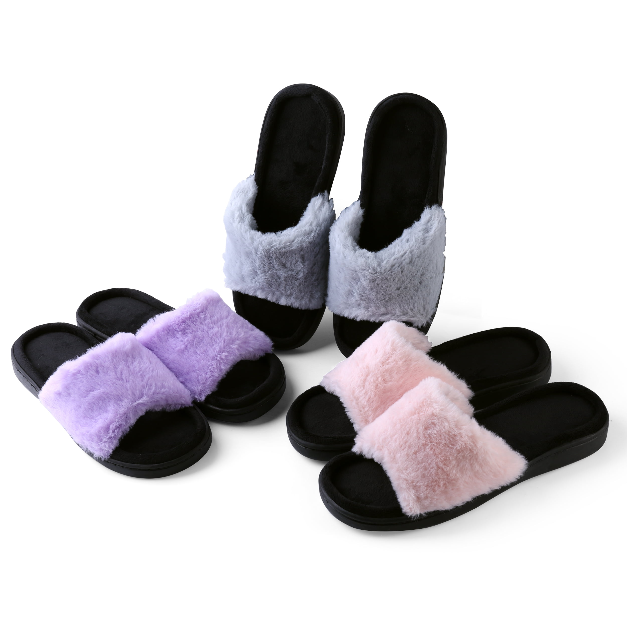 Women's Light And Fluffy Soft Plush Sandal Slippers with No-Slip Rubber Sole For Indoor, Outdoor, Spa Use (Purple)