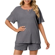 Women's 2 Piece Plus Size Outfits Casual Crew Neck Short Sleeve Tops and High Waisted Shorts Lounge Sets Sleepwear