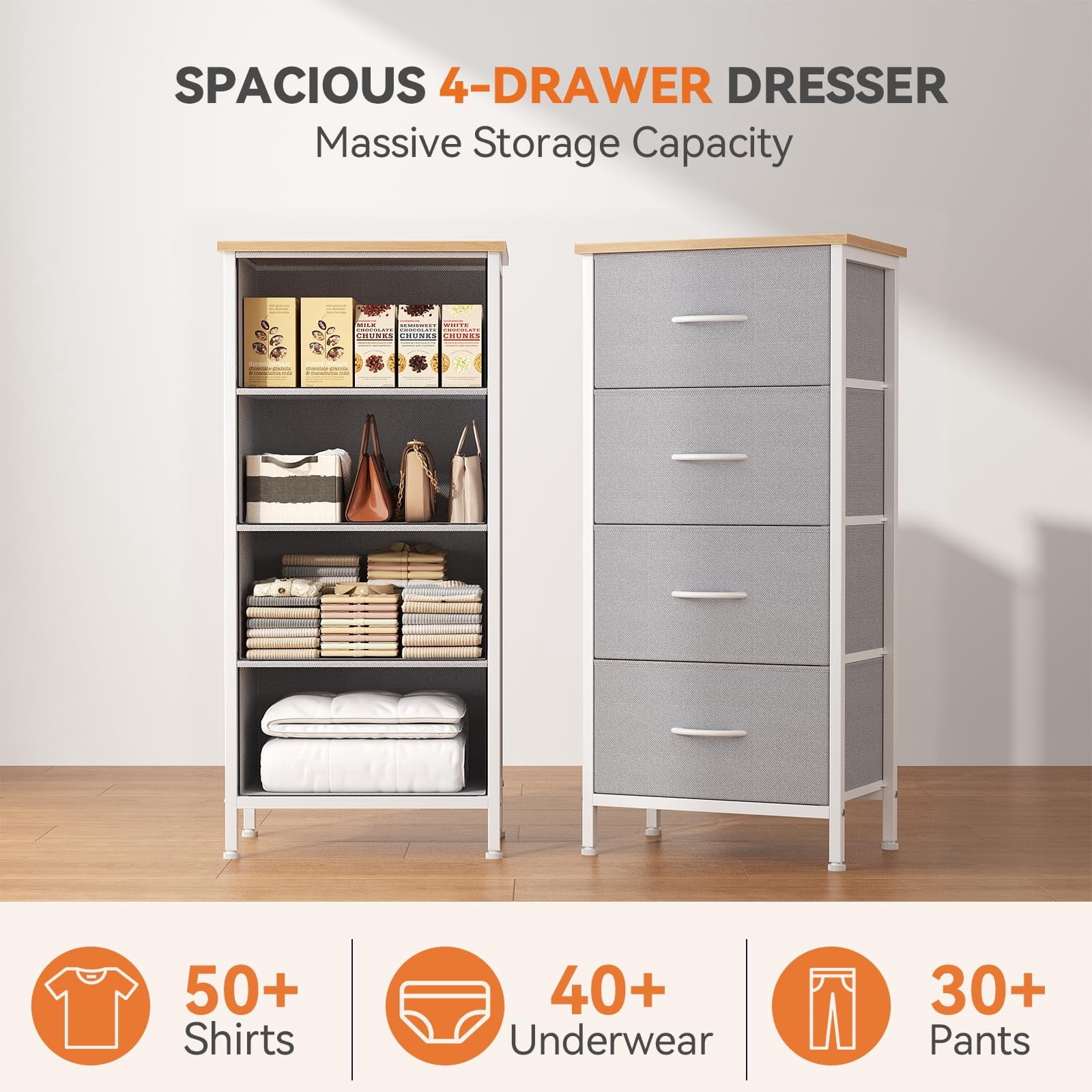 Telyra 4-Drawer Fabric Dresser 37.4" Tall Storage Tower with Wood Top and Steel Frame Narrow Organizer, Light Gray
