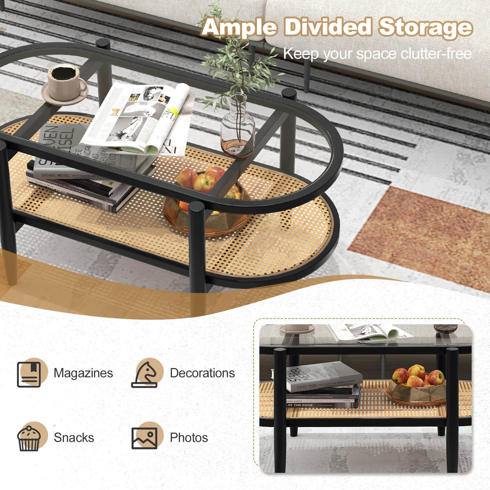 Costway 2-Tier Coffee Table Tempered Glass Top with PE Rattan Shelf & Acacia Wood Frame Black