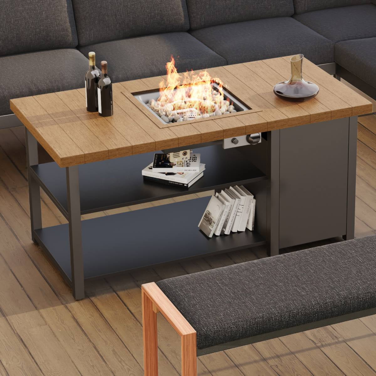 Grand Patio 55''Outdoor Gas Fire Pit Table, 40000 BTU Patio Propane Fire Pit with 2 Tier Shelves