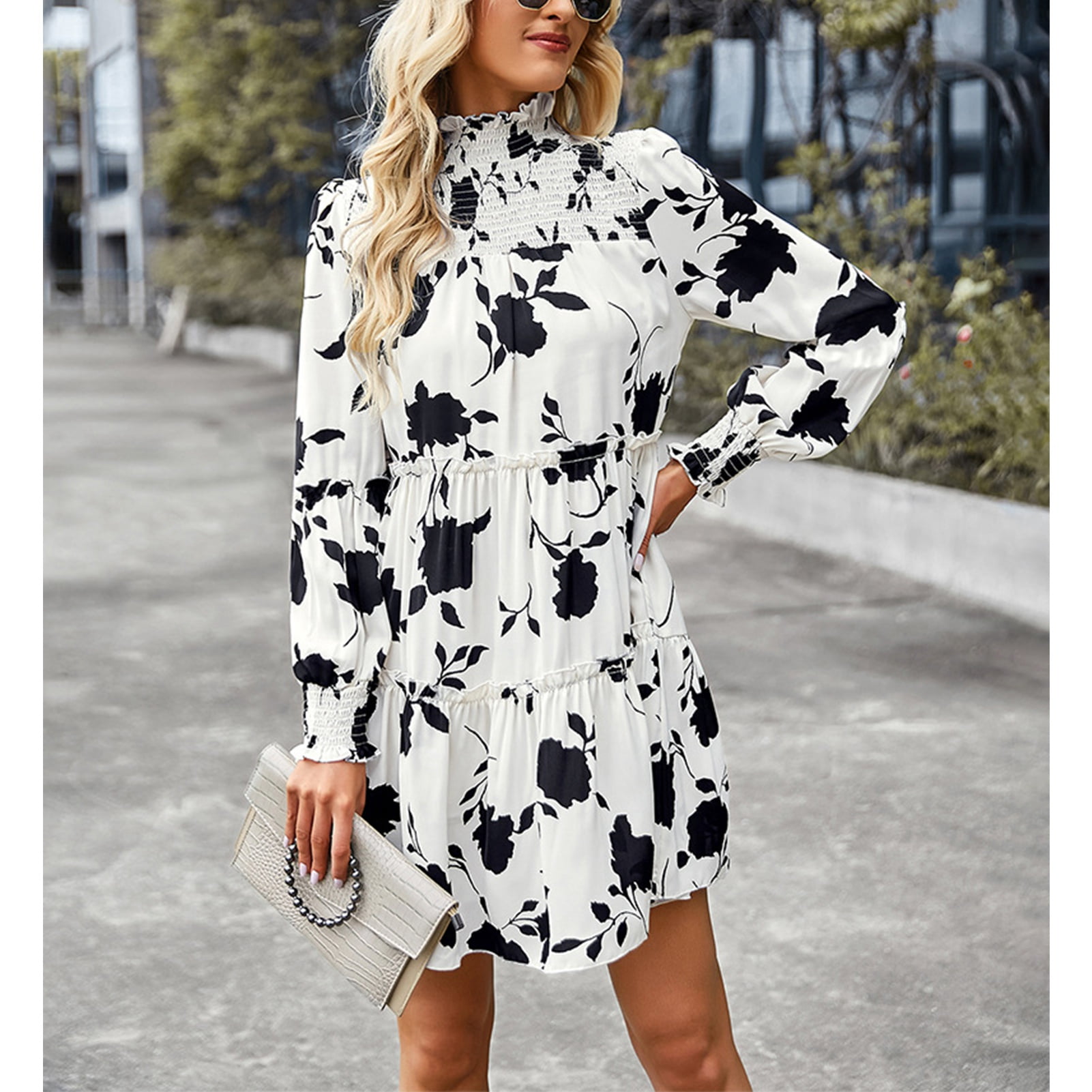 Xemplaro Women Long Sleeve Dress Elastic Shirred Dress Floral Print Ruffle Mock Neck Midi Dress White S Walmart