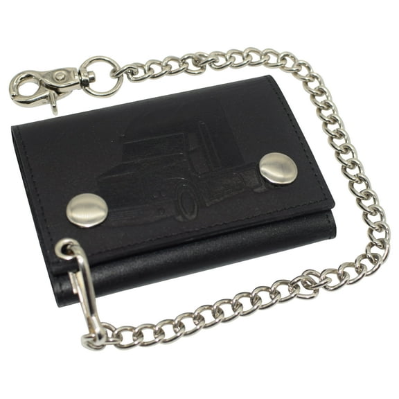 Men's RFID Blocking Trifold Biker Genuine Leather Steel Chain Truck Wallet Snap closure