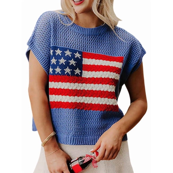 Women'S American Flag Sweater Cap Sleeve Crop Tops Crew Neck Loose Fit Knit Sweater Pullover Top Blue L