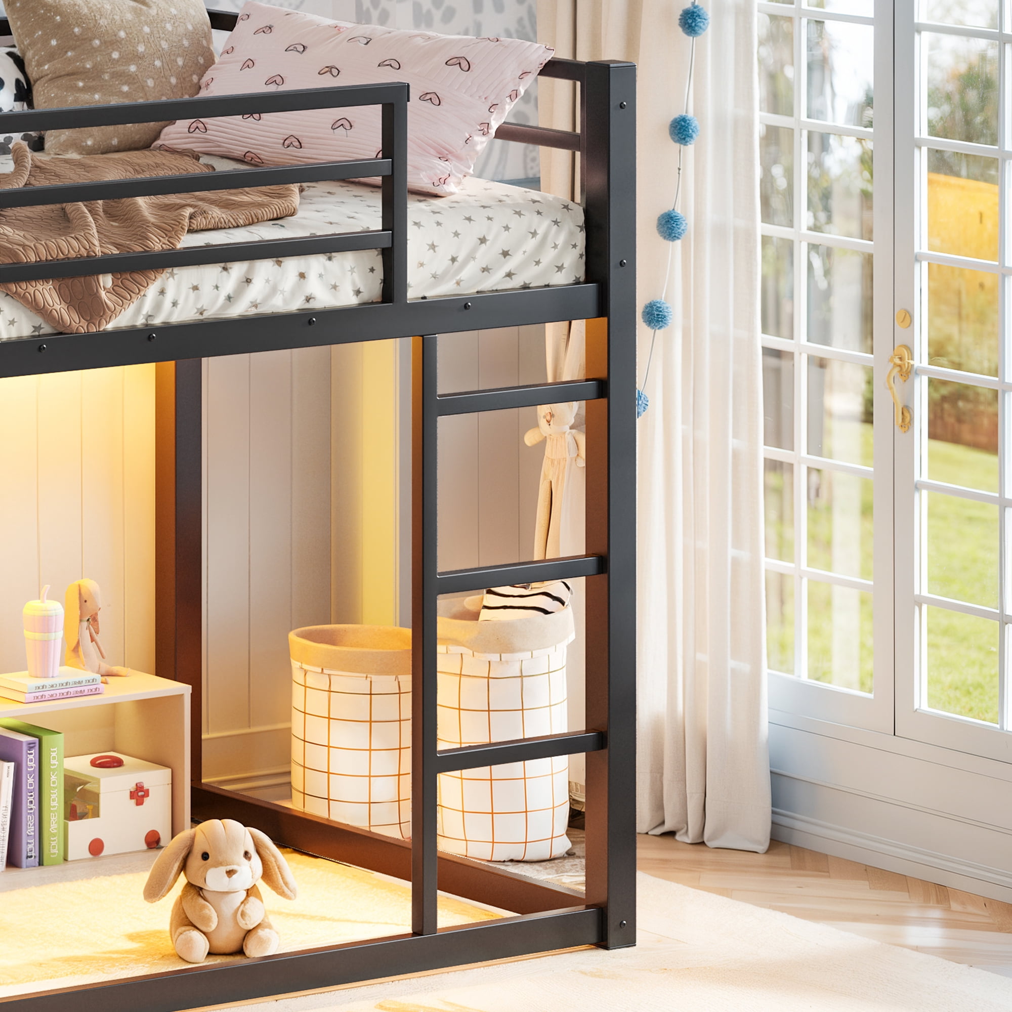 Leumius Metal Bunk Bed Twin over Twin with Storage Shelves and Drawers,Metal Bunk Bed Frame with LED Lights,No Box Spring Need,Black
