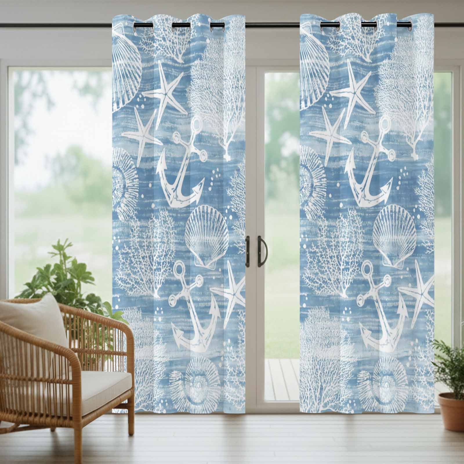 Summer Blue Ocean Outdoor Curtains for Patio, Vintage Nautical Sea Anchor Coral Shell Starfish Sunshade Privacy Drapes Grommet Waterproof Outside Curtains for Porch/Cabana/Balcony 54"x 108", 1 Panel