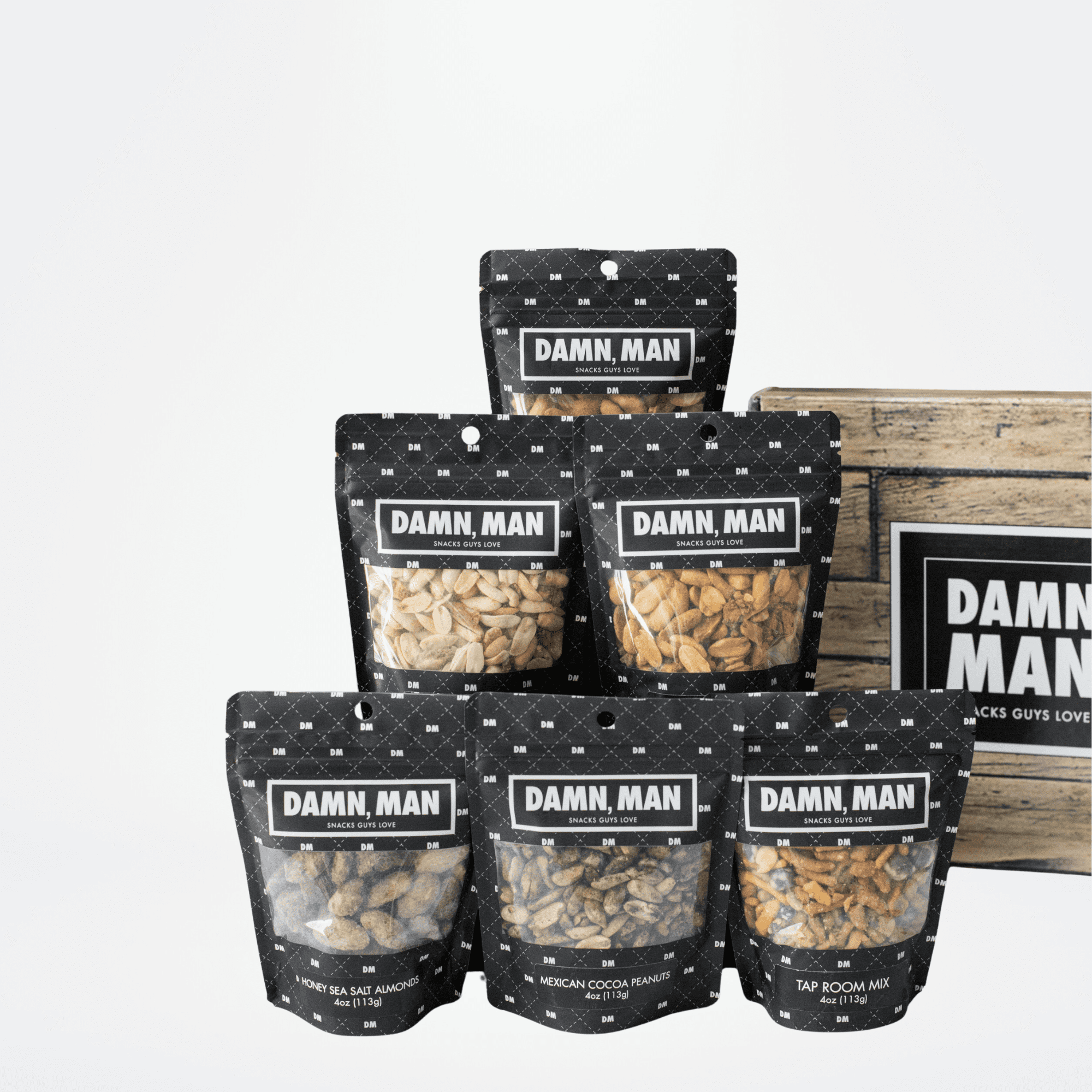 Damn, Man Gourmet Assorted Nut Box - Sweet & Salty Almonds Cashews & Peanuts - 6 Bags of Nuts - Father's Day Gift