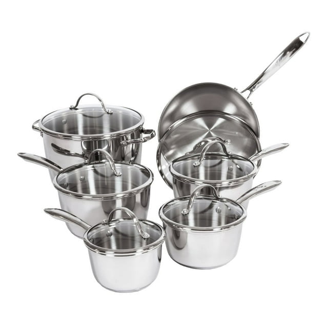 Lagostina Cucina Mia Stainless Steel Cookware Set, 12-pieces, featuring a polished stainless steel finish. Includes saucepans, a stockpot, a frying pan, and matching glass lids, all with ergonomic handles. Suitable for a variety of cooking tasks in the kitchen.
