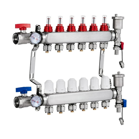 KFFKFF 6-Path Hydronic Floor Heating Manifold, 1/2" PEX Connections, Stainless Steel Construction, Includes 1/2" Adapters for Radiant Floor Heating Systems