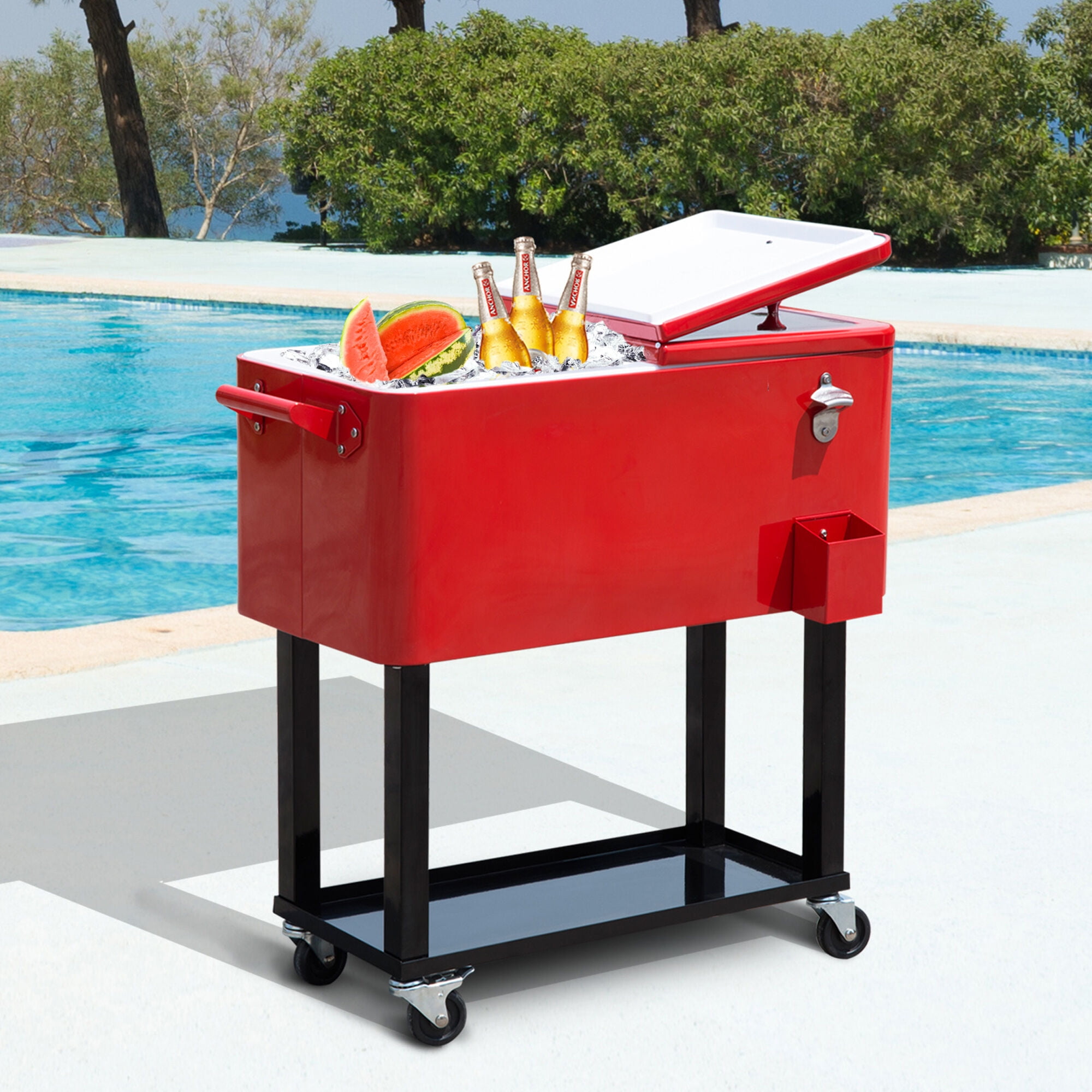 French Door Refrigerators For Kitchen, 80 QT Rolling Cooling Bins Ice Chest on Wheels Outdoor Stand Up Drink Cooler Cart for Party, Red, Red Kitchen Refrigerators