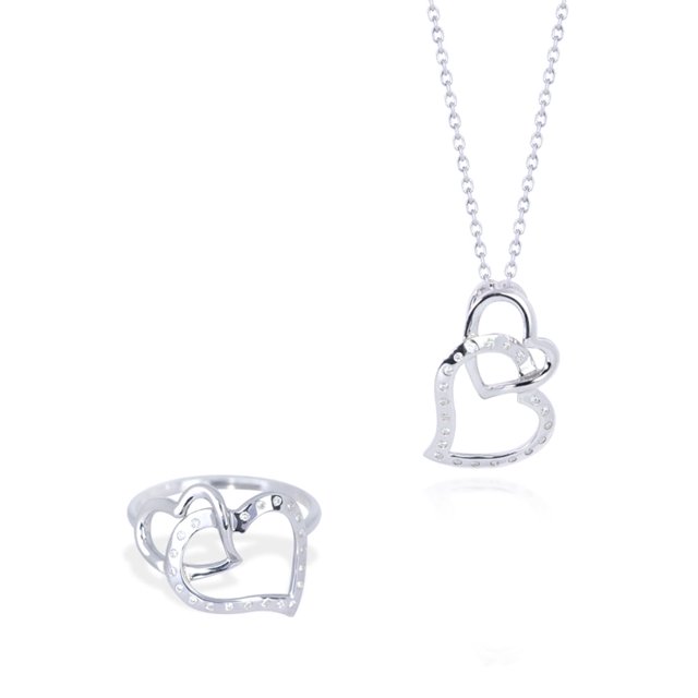 JeenMata Conjunto de Regalo de Joyas con Forma de Corazón Entrelazado con Diamantes, Anillo y Collar con Colgante