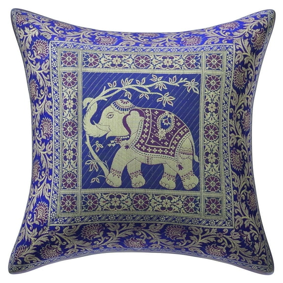 Stylo Culture Ethnic Sofa Throw Pillow Cover 16x16 Jacquard Ink Blue Square 40 x 40 cm Home Decor Accent Pillowcase Brocade Elephant Floral Zippered Cushion Cover | 1 Pc