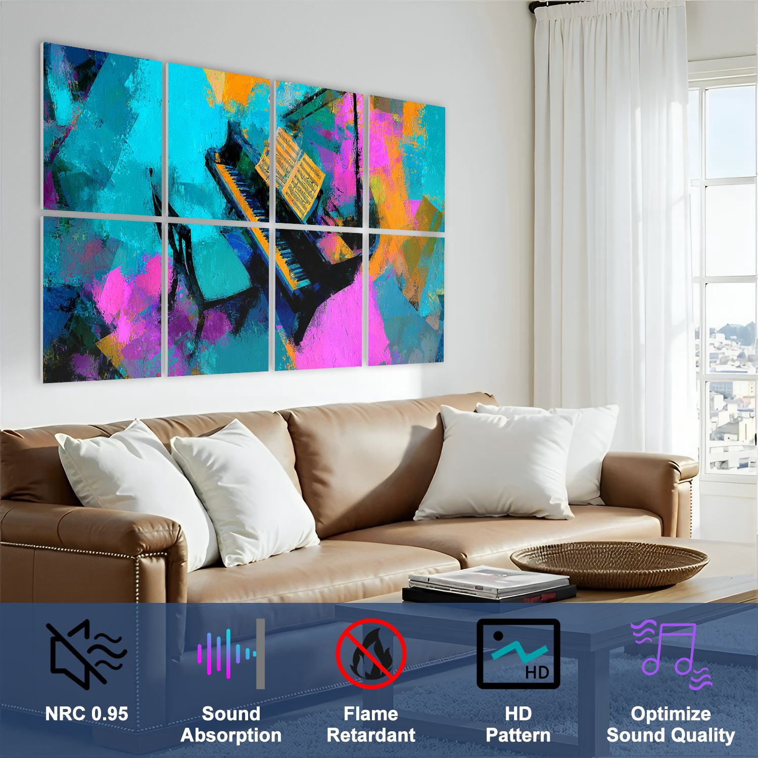 8 Pack Art Acoustic Panels Sound Absorbing Guitar Piano Saxophone Musical Instruments Grand Piano Sheet Music Decorative Soundproof Wall Panels Self Adhesive for Nursery Game Room Bedroom 48"x32"