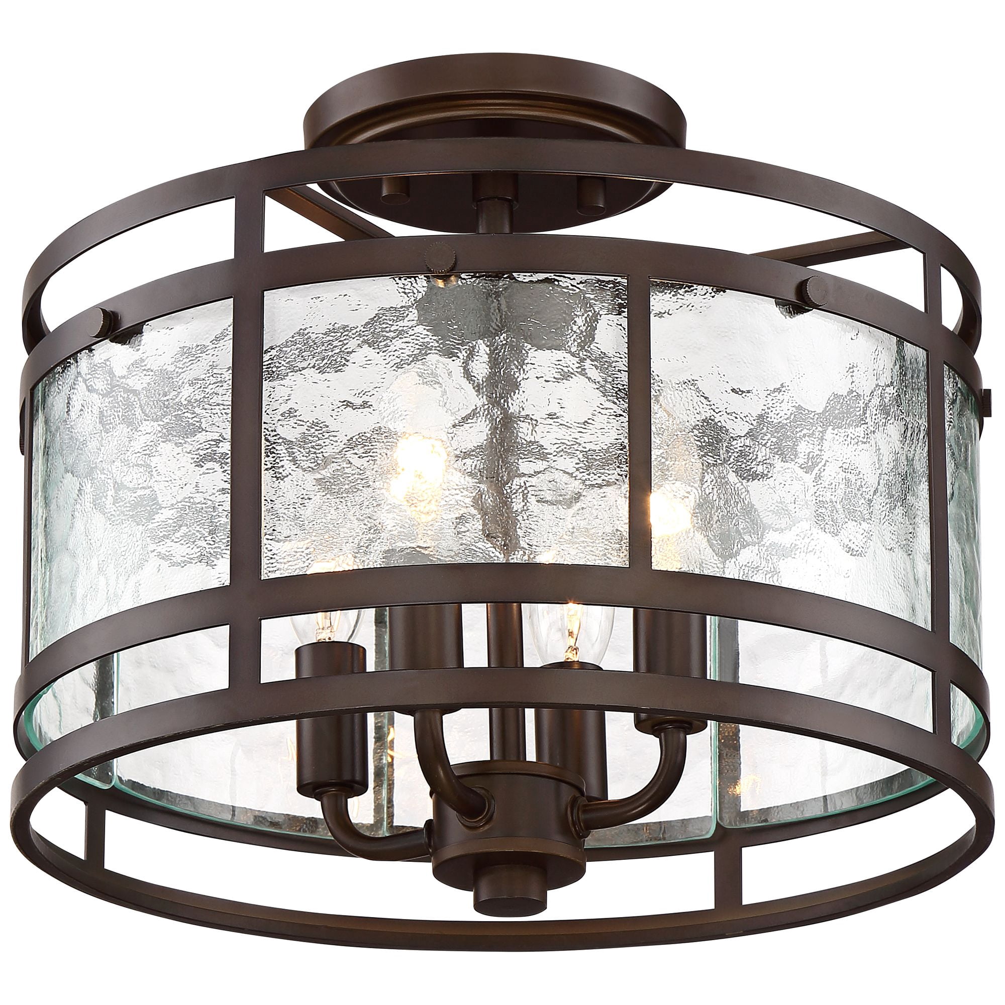 Franklin Iron Works Elwood Modern Ceiling Light Semi Flush Mount Fixture 13 1/4" Wide Oil Rubbed Bronze 4-Light Water Glass Drum Shade for Bedroom