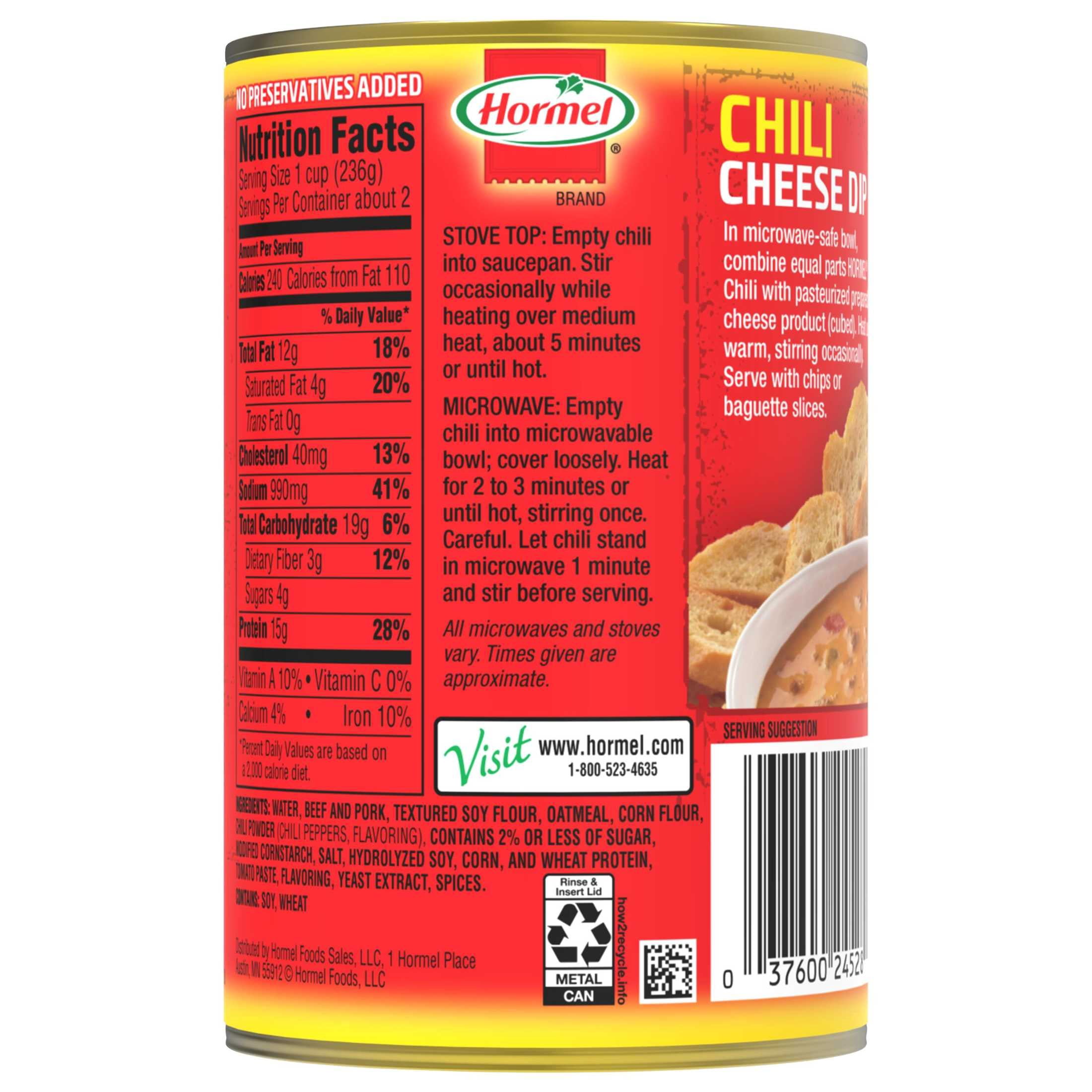 (4 pack) HORMEL Chili Hot No Beans, No Artificial Ingredients, Steel Can 15 oz